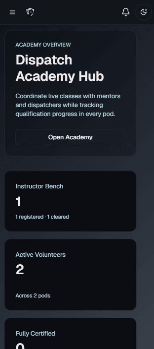 ART mobile Academy overview with an entry to training and summaries of instructors, volunteers, and qualifications.