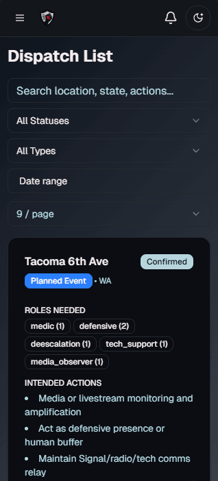 ART mobile Dispatch List with status, type, and date filters and a dispatch showing needed roles.
