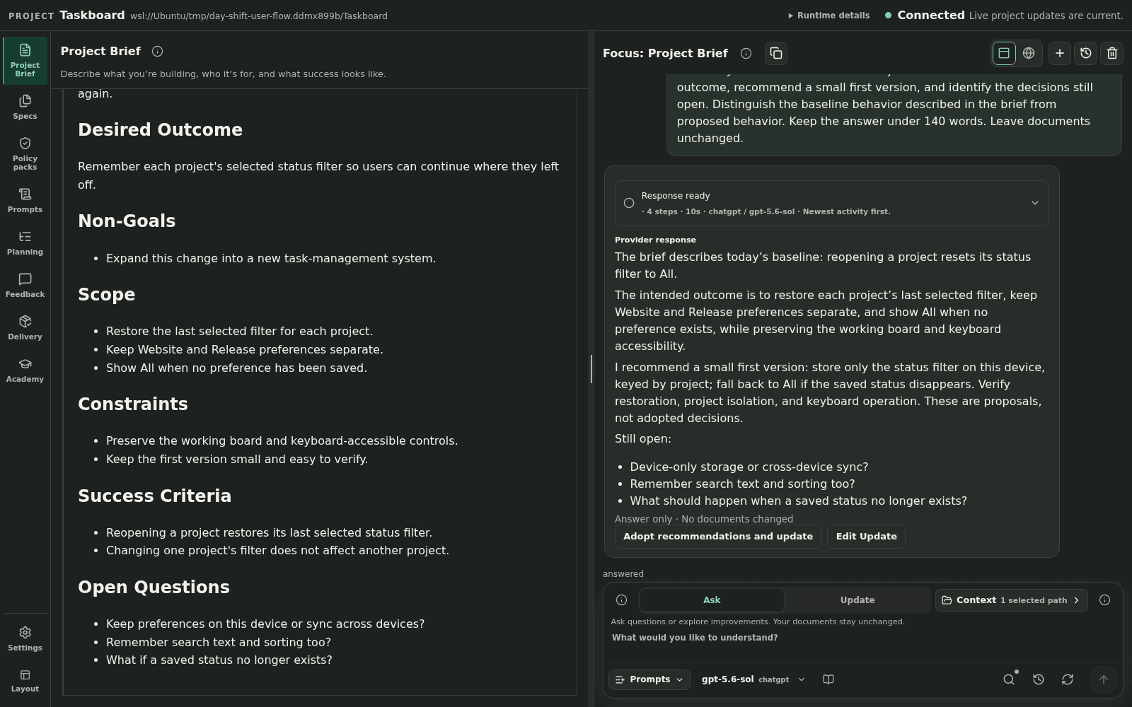 Day Shift’s local browser workspace showing a Project Brief alongside project-aware chat for the Taskboard example.